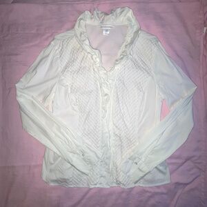 White Semi-Sheer Ruffled Blouse w/ Button Detail